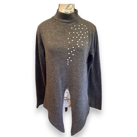 ZARA Charcoal Gray Mock-Neck Pearl Embellished Tunic Sweater – Size M - Picture 1 of 6